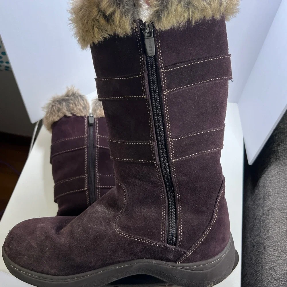 L.L. Bean Women's Size 8 Brown Suede Fur Lined‎ Winter Boots Zip Buckle